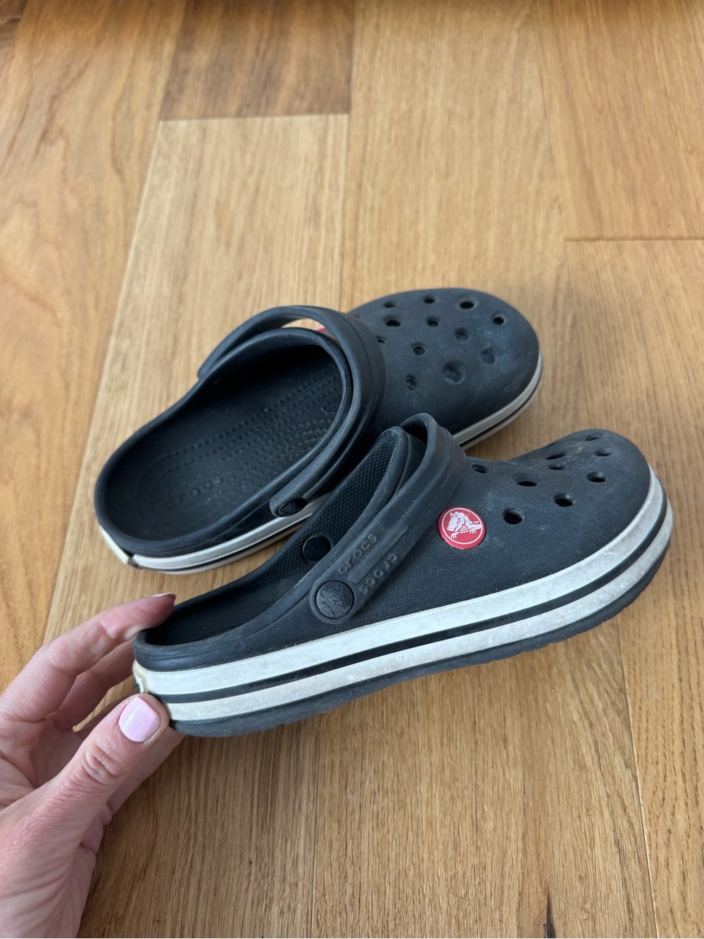 CROCS Kids Black Clog Sandals with White Stripe